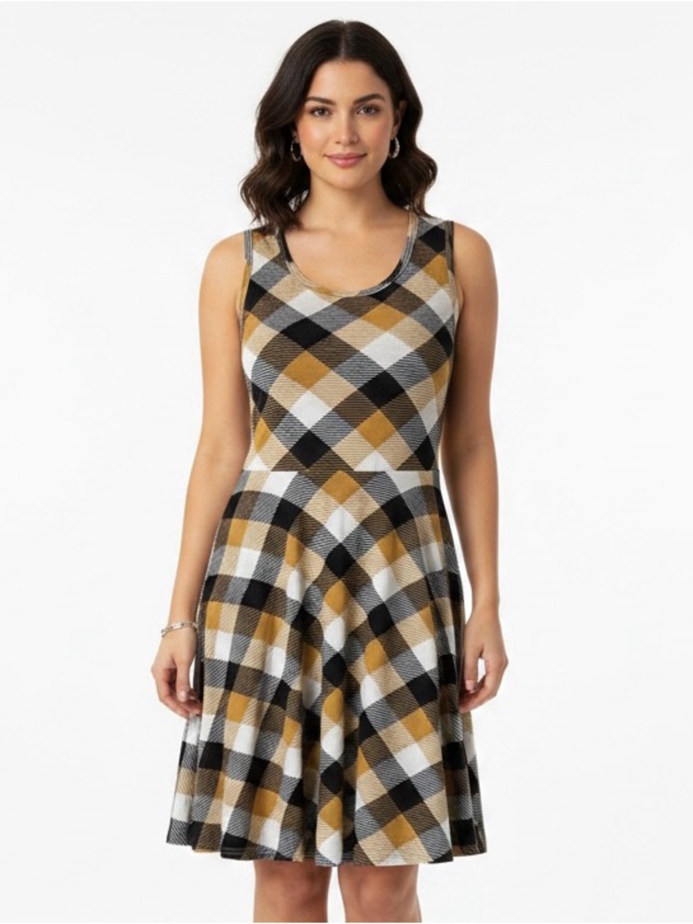 LuLaRoe Mustard Black White Plaid Sleeveless Fit & Flare Dress